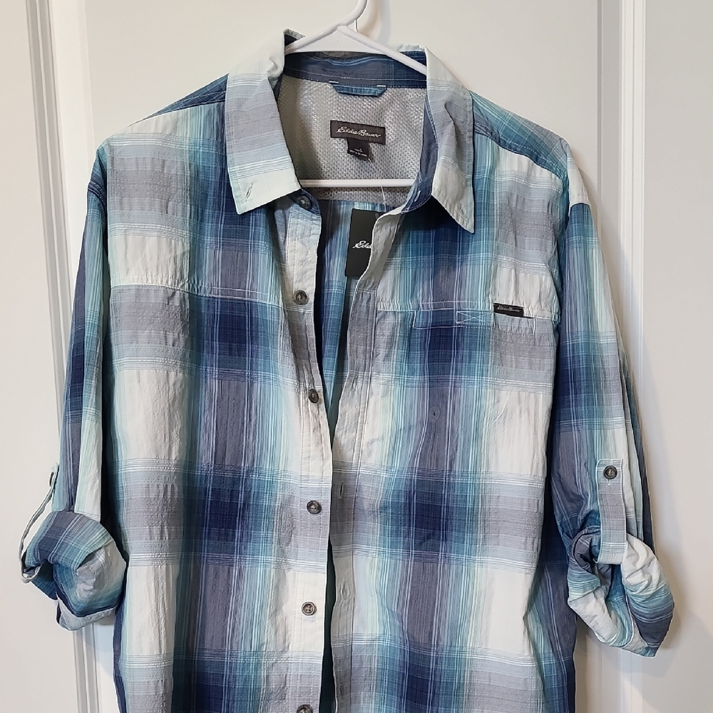 Eddie Bauer Blue and White Plaid Casual Shirt